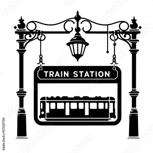Black and White Vector Silhouette of a Train Station Signboard