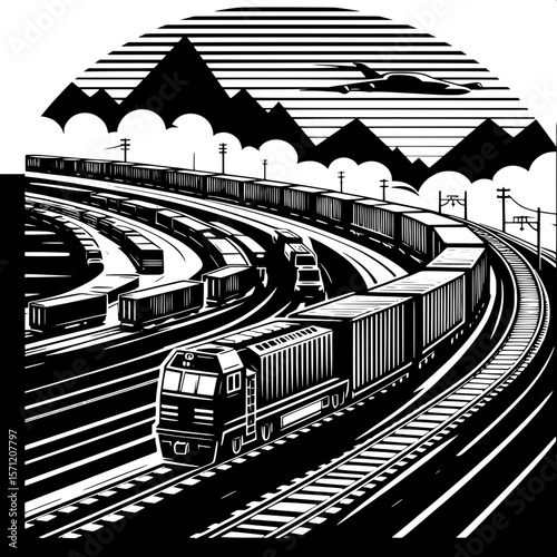 Black and White Vector Silhouette of a Cargo Train Passing