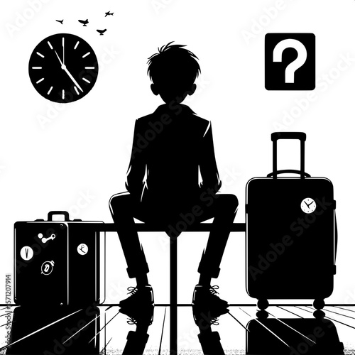 Black and White Vector Silhouette of a Boy Sitting on Luggage