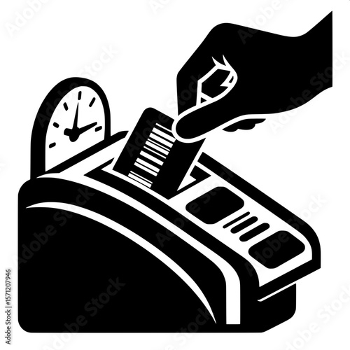 Black and White Vector Silhouette of a Ticket Being Inserted into Machine