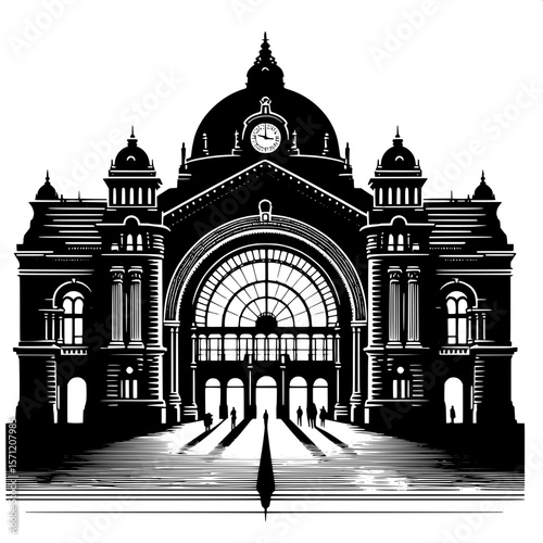 Black and White Vector Silhouette of a Train Station Entrance Arch