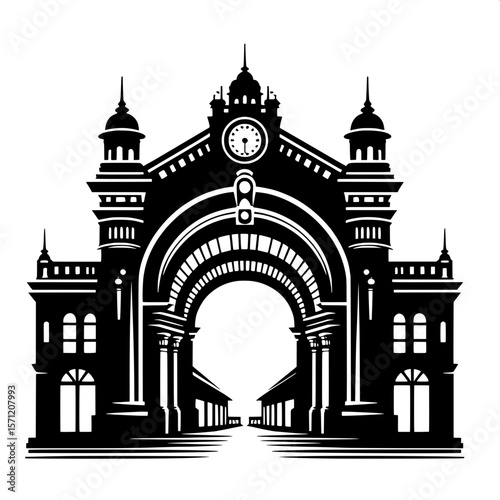 Black and White Vector Silhouette of a Train Station Entrance Arch
