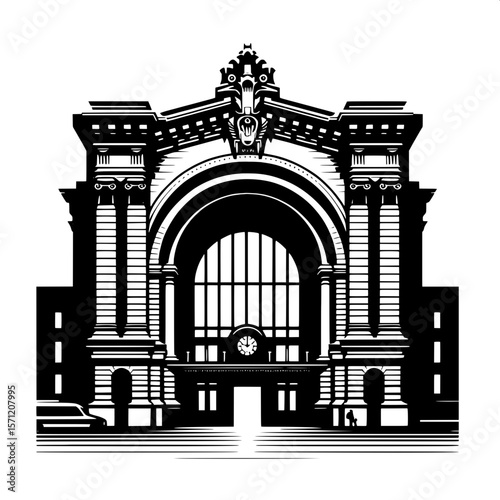 Black and White Vector Silhouette of a Train Station Entrance Arch