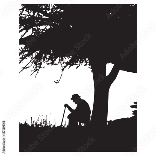Silhouette of an elderly man wearing a hat and holding a cane sitting under a tree