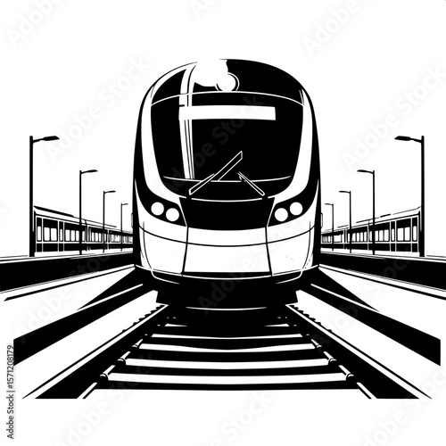 Black and White Vector Silhouette of an Electric Train Head-On