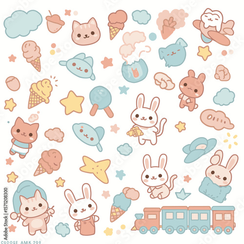 A delightful assortment of cute pastel-colored cartoon animals and whimsical objects like ice cream and stars, ideal for playful designs.