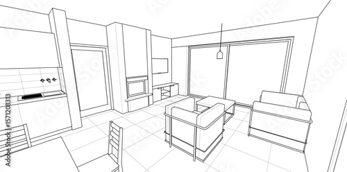 interior kitchen living room 3d illustration	
