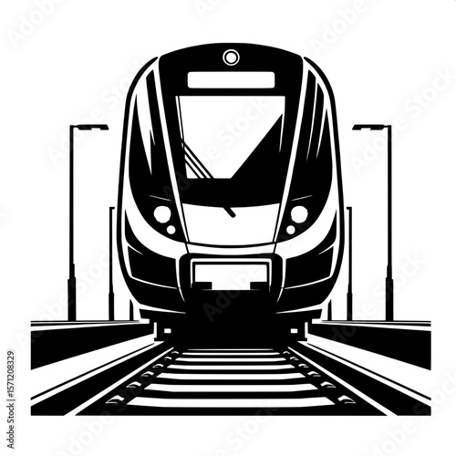Black and White Vector Silhouette of an Electric Train Head-On