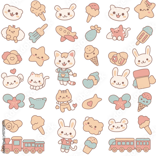 A collection of adorable, pastel-colored cartoon characters and objects, including animals, sweets, and vehicles, arranged on a white background for a playful design.