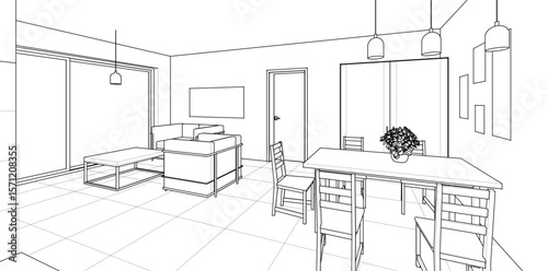 interior kitchen living room 3d illustration	
