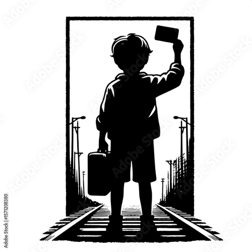 Black and White Vector Silhouette of a Boy Holding Ticket