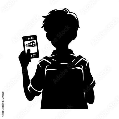 Black and White Vector Silhouette of a Boy Holding Ticket