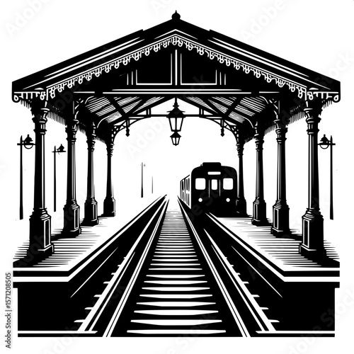 Black and White Vector Silhouette of a Train Platform Roof Structure