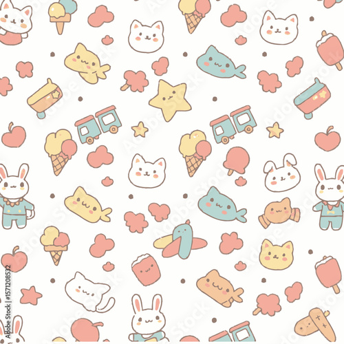A whimsical seamless pattern featuring an assortment of adorable pastel-colored cartoon animals, playful toys, and sweet treats scattered on a clean white background.