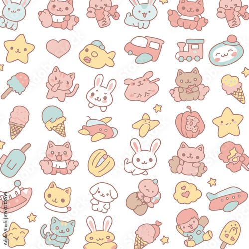 Adorable kawaii characters including cute animals, ice cream, and toys, presented in a playful and colorful pattern on a white background.