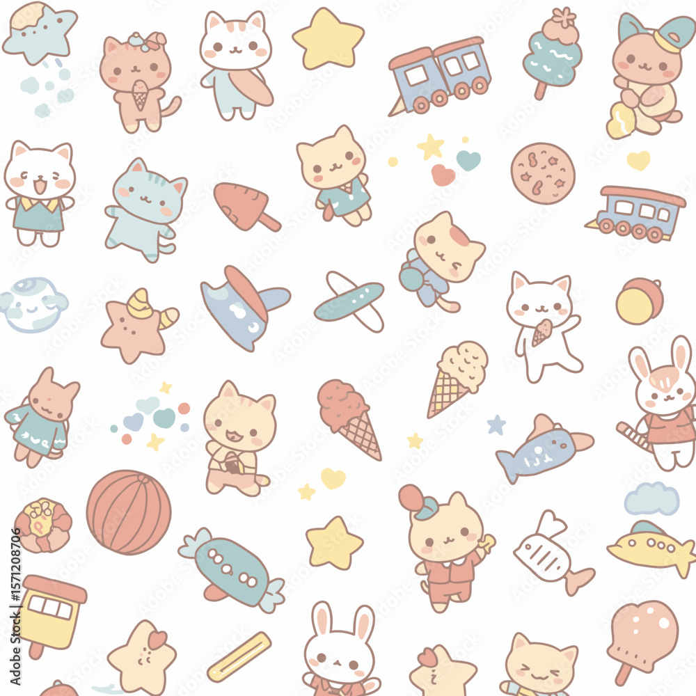 Obraz premium A charming seamless pattern featuring adorable pastel cartoon cats, rabbits, and various playful objects, perfect for children's designs and decorative backgrounds.