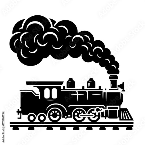 Black and White Vector Silhouette of Steam Train with Smoke Trail