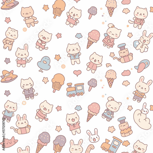 A whimsical pattern showcases adorable cartoon kittens, bunnies, and ice cream cones scattered across a clean white background, creating a playful and delightful design.