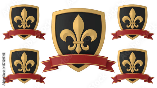 Black gold fleur de lis shields red ribbons heraldic shield