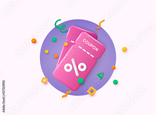 3D gift red coupon with blue and purple colors with festive confetti. 3D Web Vector Illustrations.