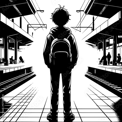 Black and White Vector Silhouette of a Boy Standing on Platform