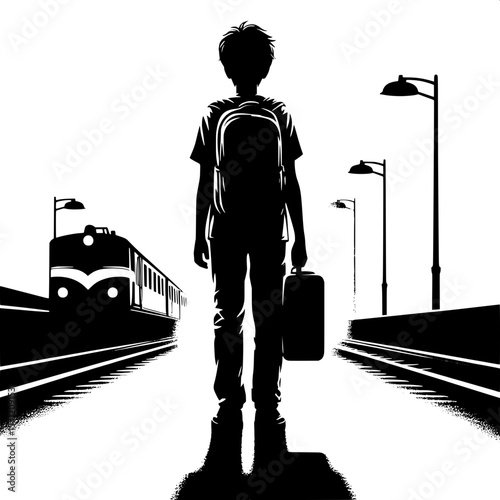 Black and White Vector Silhouette of a Boy Standing on Platform