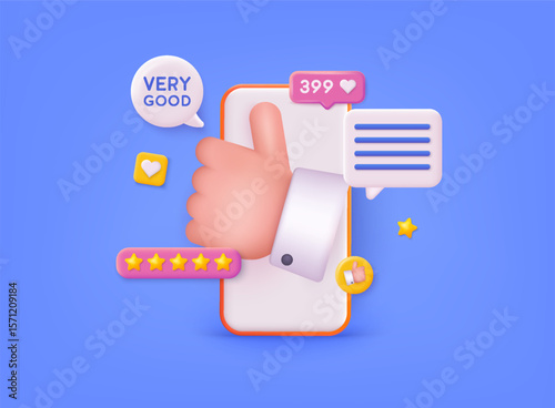 Thumb up hand gesture. Out From Smartphone with social media icon. Social media engagement concept. 3D Web Vector Illustrations.