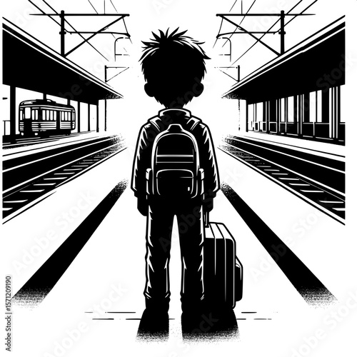 Black and White Vector Silhouette of a Boy Standing on Platform