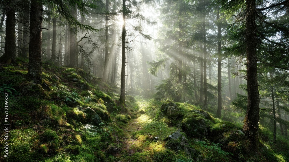 Fototapeta premium Sunbeams piercing a misty forest path