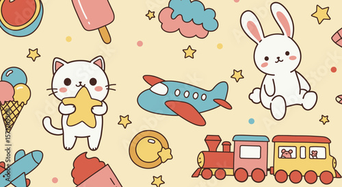 Cute cartoon animals and toys like a cat, bunny, train, and airplane create a playful and whimsical pattern on a soft yellow background.