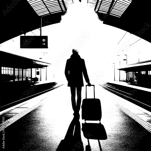 Black and White Vector Silhouette of a Man Pulling Luggage on Platform