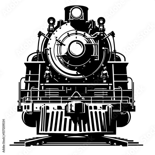 Black and White Vector Silhouette of a Locomotive Train Front View