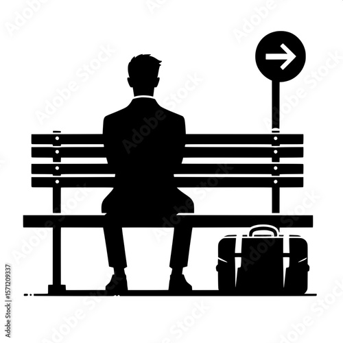 Black and White Vector Silhouette of a Man Sitting on Bench with Bag