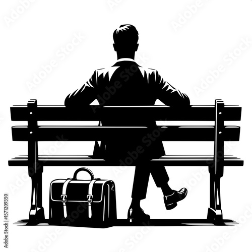 Black and White Vector Silhouette of a Man Sitting on Bench with Bag