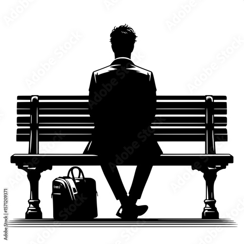 Black and White Vector Silhouette of a Man Sitting on Bench with Bag