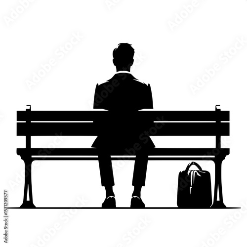 Black and White Vector Silhouette of a Man Sitting on Bench with Bag