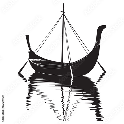 Silhouette of a viking longship with reflection on the water