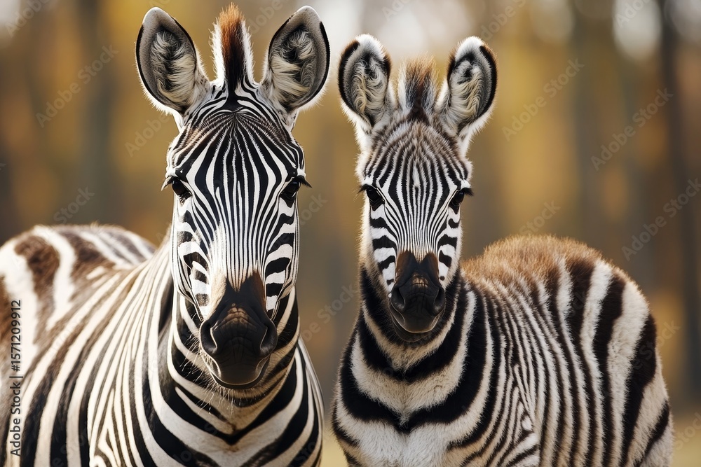 Fototapeta premium Plains zebra and its adorable foal standing together, facing the camera in a natural habitat