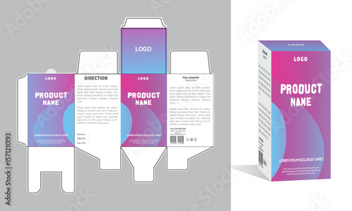 Modern product packaging design with branding, logo placement, and informative layout on a box template.	