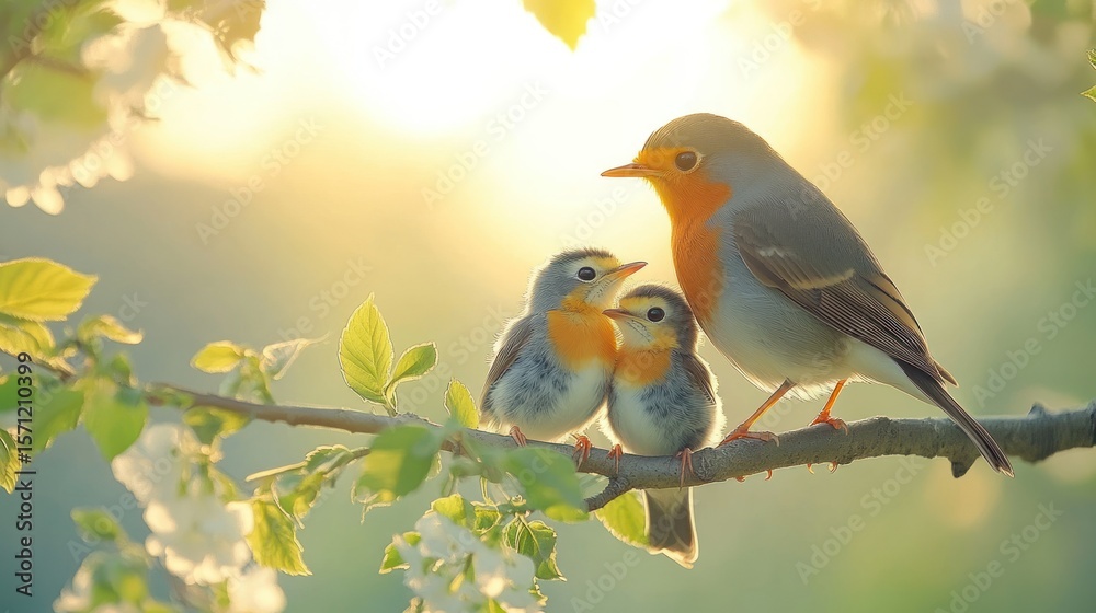 Obraz premium Birds nesting in a blossoming tree