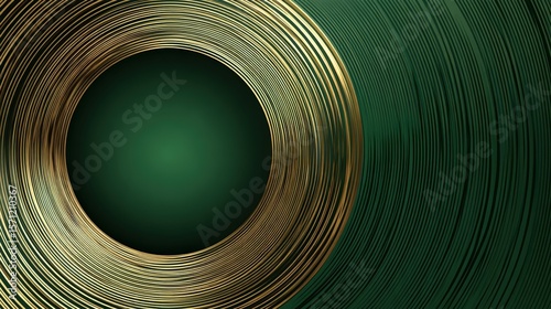 Abstract background featuring concentric golden rings and green textured curved lines