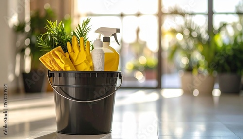 close-up of a bucket with cleaning supplies