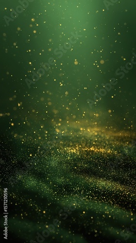 Abstract dark green background featuring a dynamic display of shimmering gold sparkles and soft light creating depth and