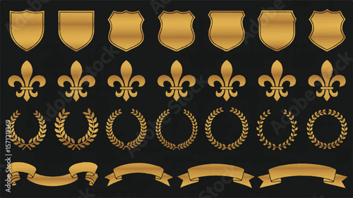 Golden heraldic emblems and banners heraldry shields