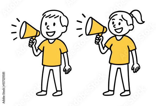 Boy And Girl Advertising with Megaphone. Announcement or Speaking Concept, Yellow Shirt, Hand Drawn Doodle Style Vector Illustration