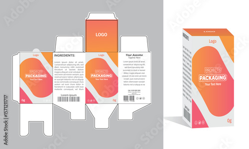 Modern product packaging design with branding, logo placement, and informative layout on a box template.	