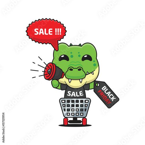 cute crocodile in shopping cart is promoting black friday sale with megaphone cartoon vector illustration