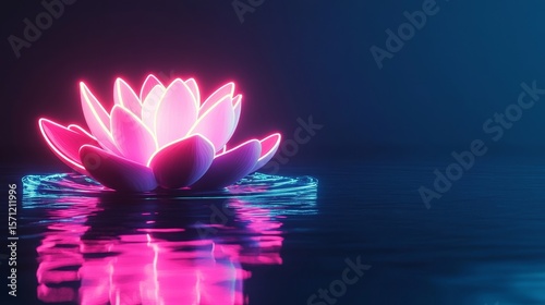 Vibrant colors dance across the water as a glowing lotus flower reflects its beauty