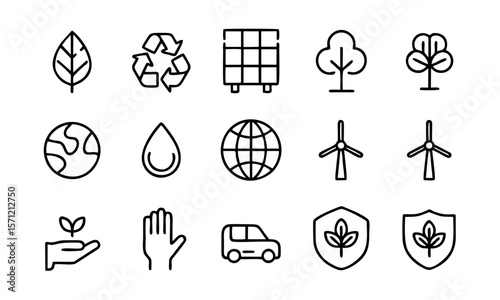 Eco-Friendly Vector Icons Set – Sustainable, Green Symbols for Environmental Protection, Recycling, Nature, Renewable Energy, and Eco-Conscious Living

