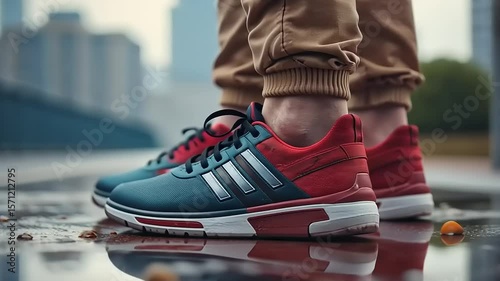 Stylish sneakers on wet pavement showcase urban lifestyle and modern fashion